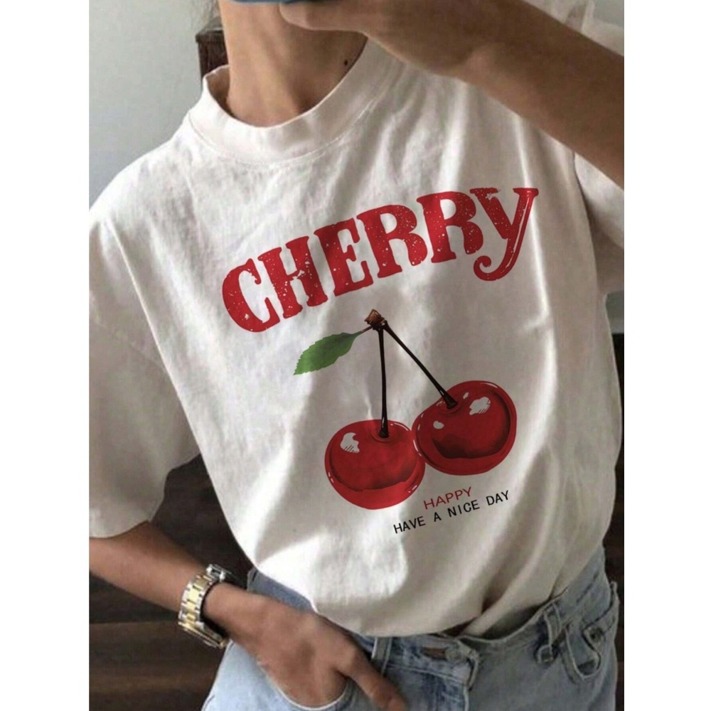 Cotton Blend Cherry Print White Crewneck Oversized Tee Shirt